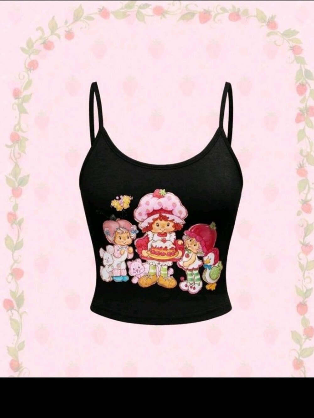 Black Strawberry Shortcake Graphic Spaghetti Strap Crop Top